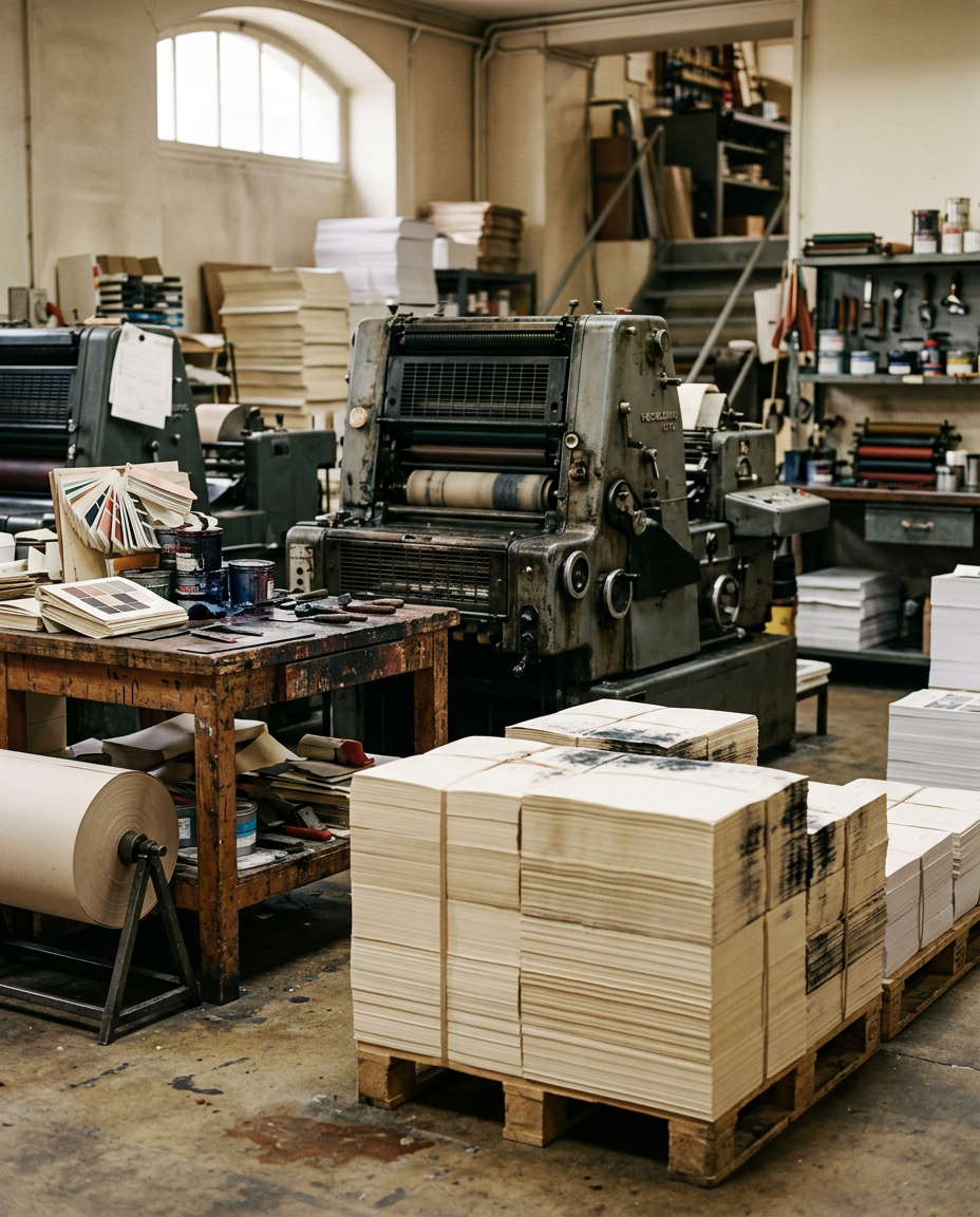 Atelier d’imprimerie : une presse offset, des palettes de papier imprimé et un établi couvert d’échantillons